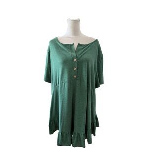 Agnes Orinda Womens Plus 1X Green Ruffle Hem Henley Tunic Top Short Sleeve